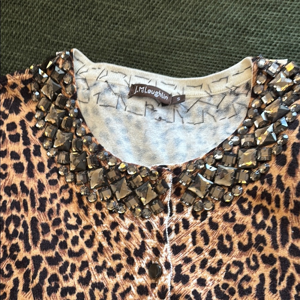 J.McLaughlin Leopard Print Cardigan with Embellished Collar